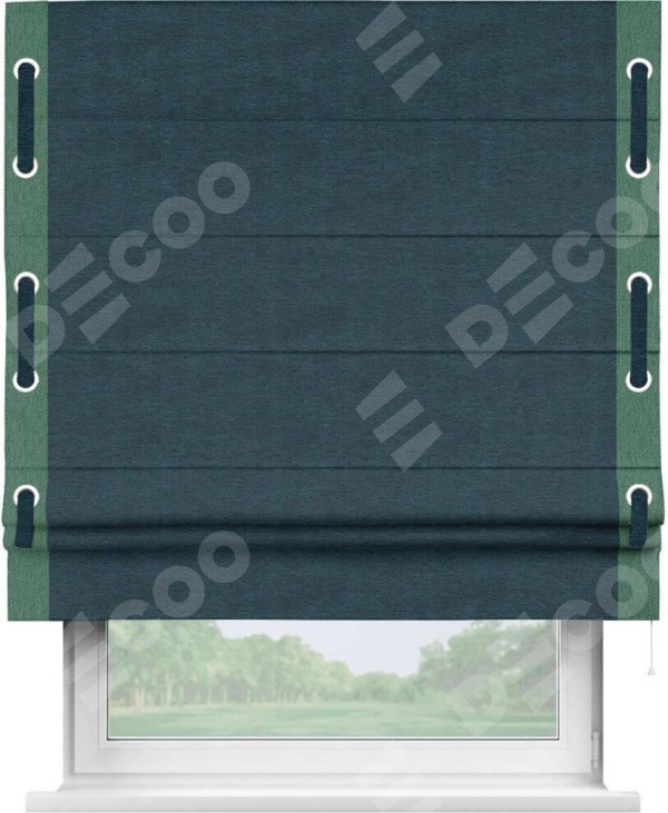 Римская штора «Кортин» с кантом Стрим Дуо (люверсы с пояском), для проема, ткань твид блэкаут, глубокий синий