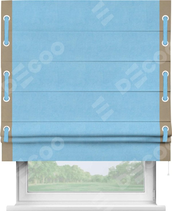 Римская штора «Кортин» с кантом Стрим Дуо (люверсы с пояском), для проема, ткань вельвет голубой