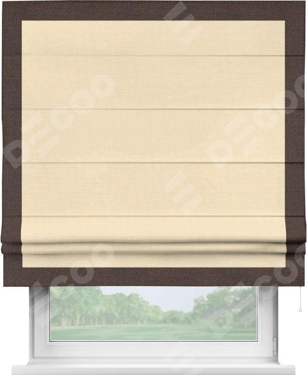 Римская штора «Кортин» с кантом Чесс, для проема, выполнена в ткани лён бежевый