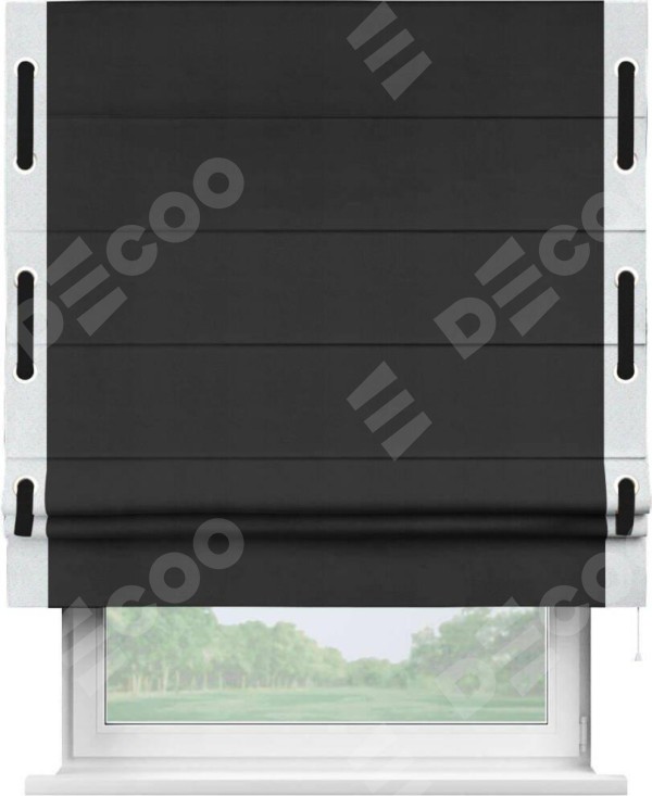 Римская штора «Кортин» с кантом Стрим Дуо (люверсы с пояском), для проема, ткань блэкаут однотонный черный