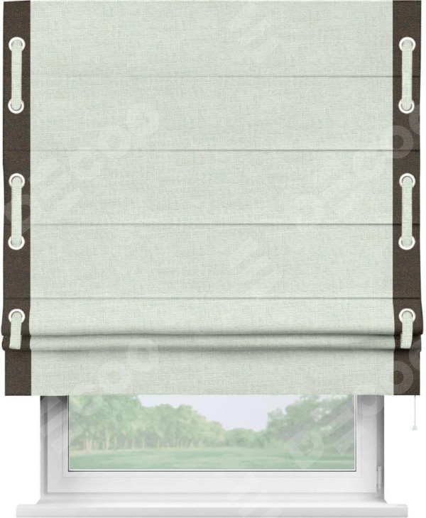 Римская штора «Кортин» для проёма, лён топлёное молоко, с кантом Стрим Дуо (люверсы с пояском)