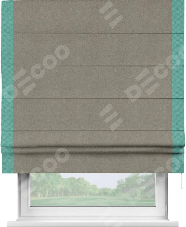 Римская штора «Кортин» с кантом Стрим Дуо, для проема, ткань лён димаут, серо-зелёный