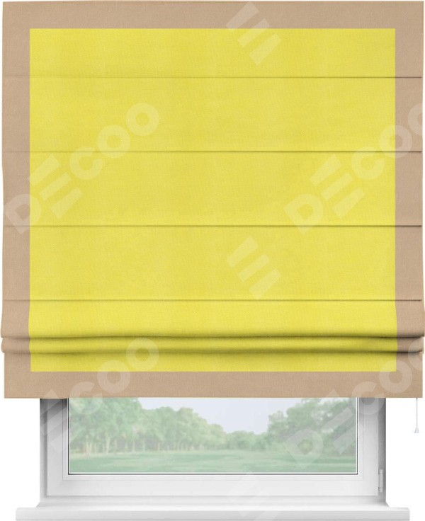 Римская штора «Кортин» с кантом Чесс, для проема, ткань вельвет cветло-желтый