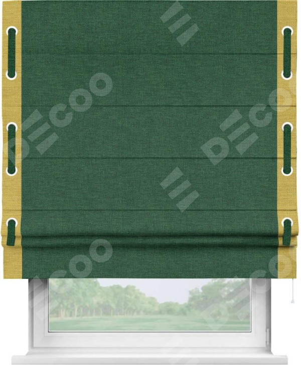 Римская штора «Кортин» с кантом Стрим Дуо (люверсы с пояском), для проема, ткань лён серо-зеленый
