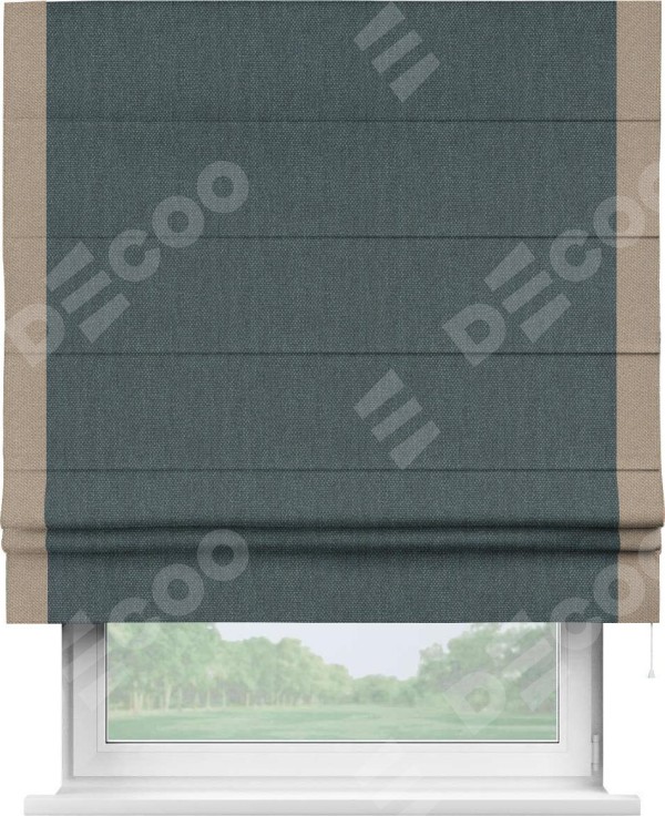 Римская штора «Кортин» с кантом Стрим Дуо, для проема, ткань лён димаут, серо-синий