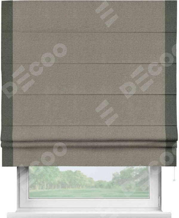 Римская штора «Кортин» с кантом Стрим Дуо, для проема, ткань лён димаут, серо-зелёный