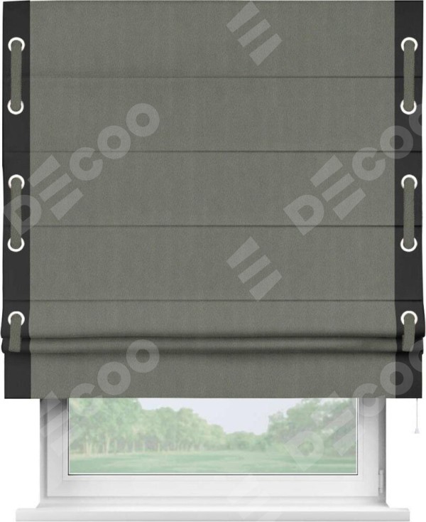 Римская штора «Кортин» с кантом Стрим Дуо (люверсы с пояском), для проема, ткань блэкаут однотонный тёмно-серый