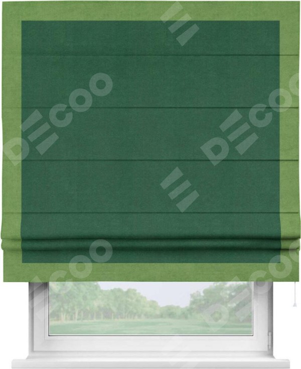 Римская штора «Кортин» с кантом Чесс, для проема, ткань вельвет зеленый