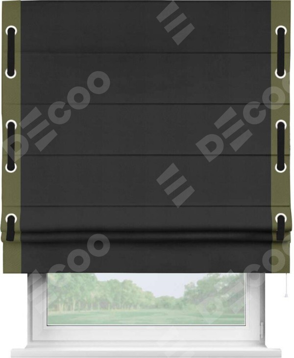 Римская штора «Кортин» с кантом Стрим Дуо (люверсы с пояском), для проема, ткань блэкаут однотонный черный