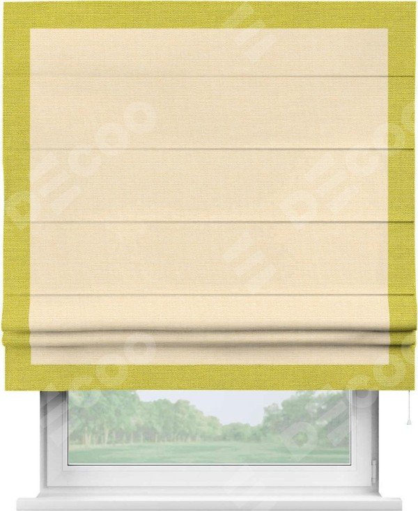 Римская штора «Кортин» с кантом Чесс, для проема, выполнена в ткани лён бежевый