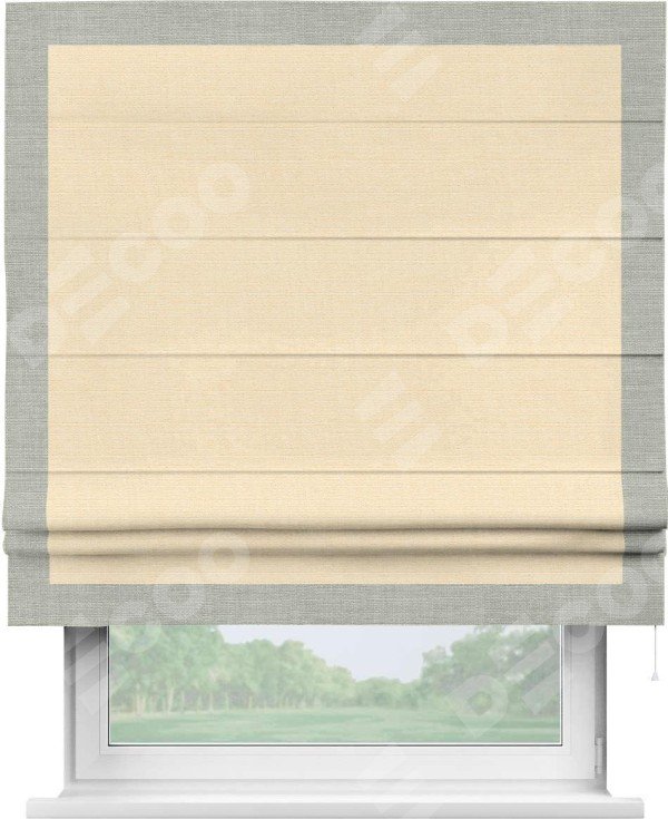 Римская штора «Кортин» с кантом Чесс, для проема, выполнена в ткани лён бежевый