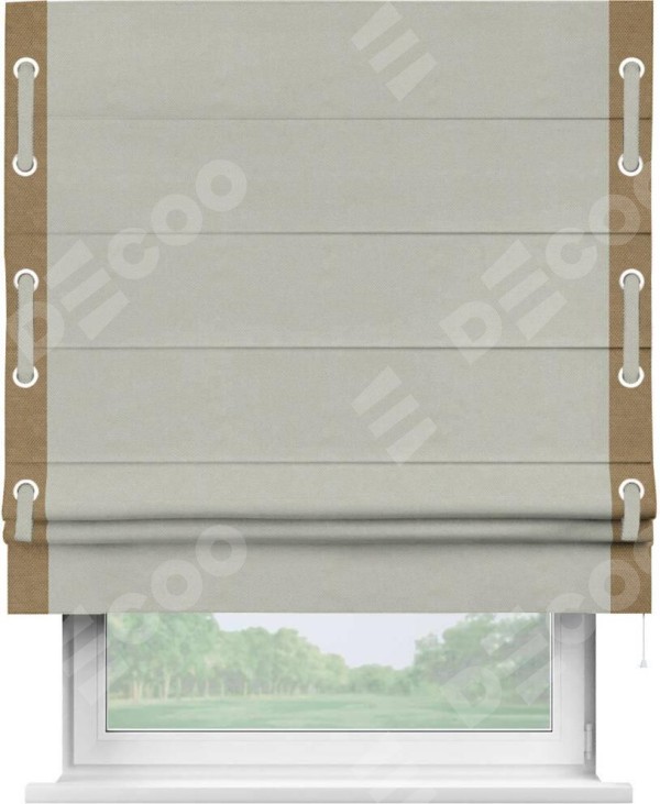 Римская штора «Кортин» с кантом Стрим Дуо (люверсы с пояском), для проема, ткань лён димаут, светло-серый