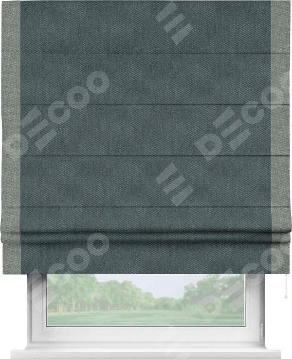 Римская штора «Кортин» с кантом Стрим Дуо, для проема, ткань лён димаут, серо-синий