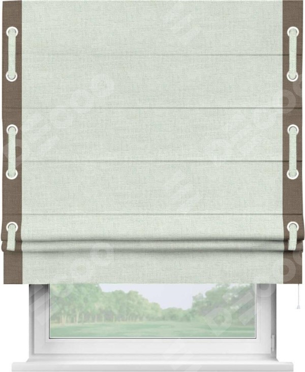 Римская штора «Кортин» для проёма, лён топлёное молоко, с кантом Стрим Дуо (люверсы с пояском)