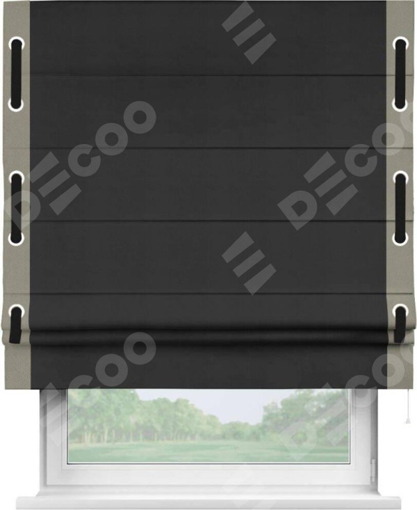 Римская штора «Кортин» с кантом Стрим Дуо (люверсы с пояском), для проема, ткань блэкаут однотонный черный