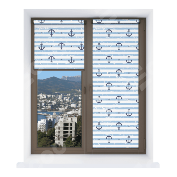 Рулонная штора Мини с принтом Полоски и якори