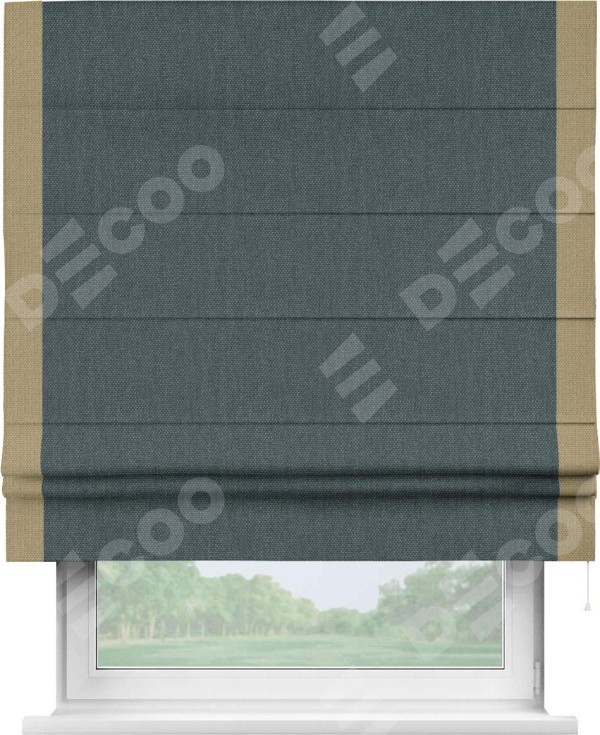 Римская штора «Кортин» с кантом Стрим Дуо, для проема, ткань лён димаут, серо-синий