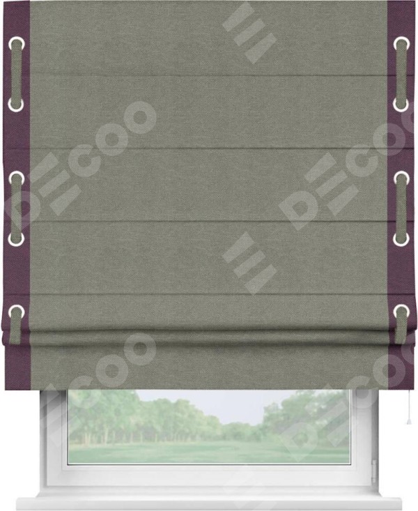 Римская штора «Кортин» с кантом Стрим Дуо (люверсы с пояском), для проема, ткань лён димаут, стальной