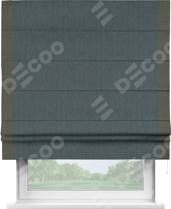 Римская штора «Кортин» с кантом Стрим Дуо, для проема, ткань лён димаут, серо-синий