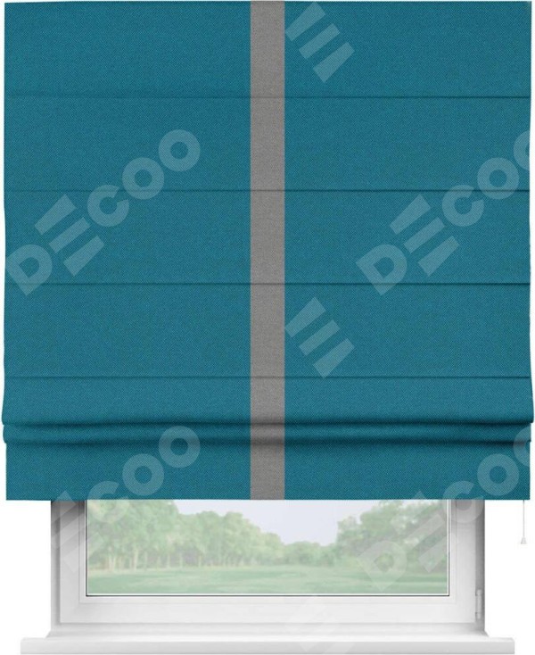 Римская штора «Кортин» с кантом Хайвэй, для проема, ткань лён димаут, светло-синий